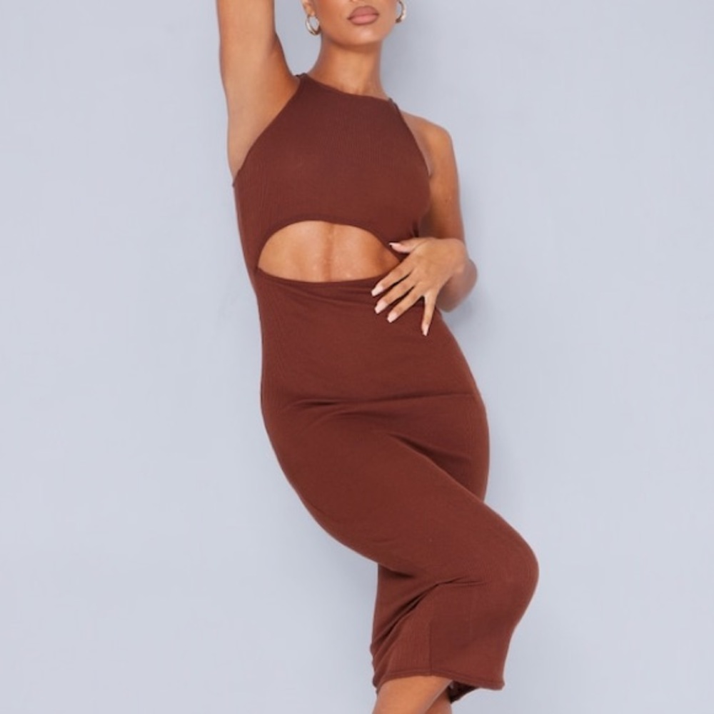Chocolate Cut Out Racer Neck Rib Bodycon Dress